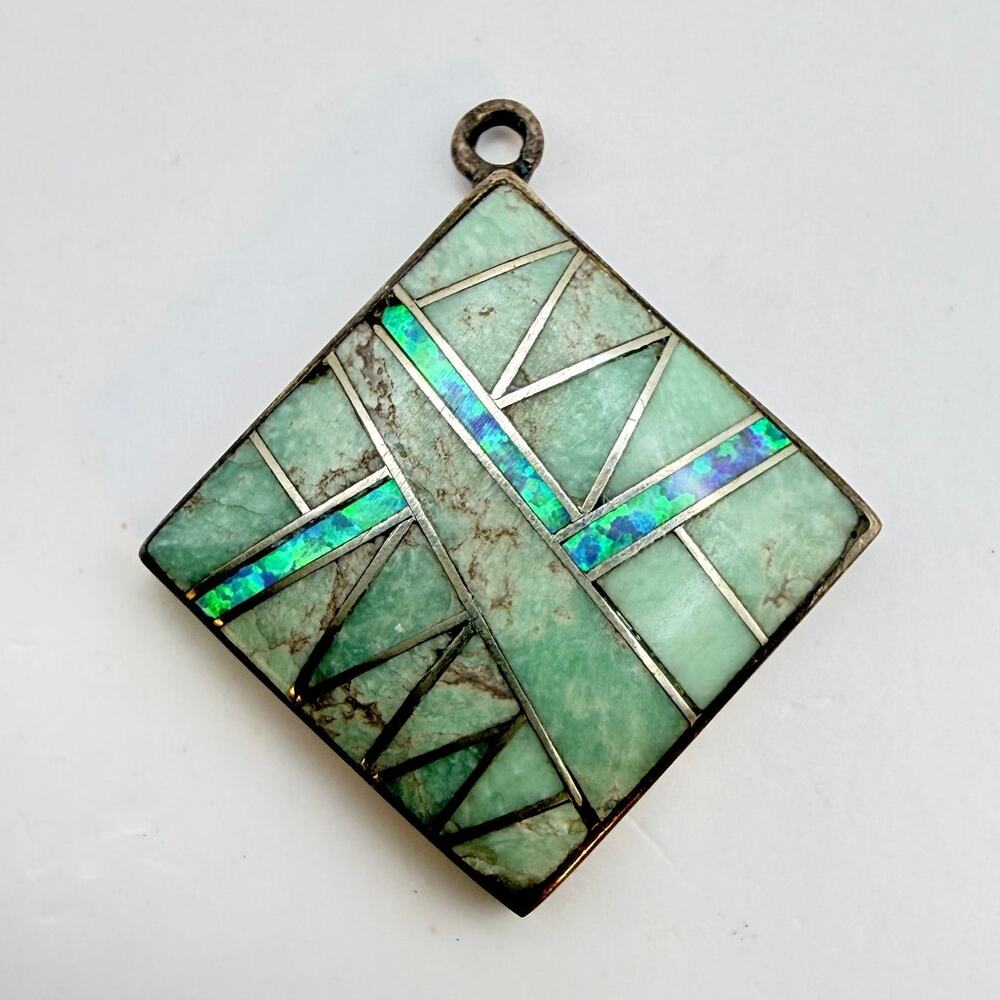 Signed JN Turquoise Fire Opal Pendant 925 Silver Inlay 925 Vtg Native American